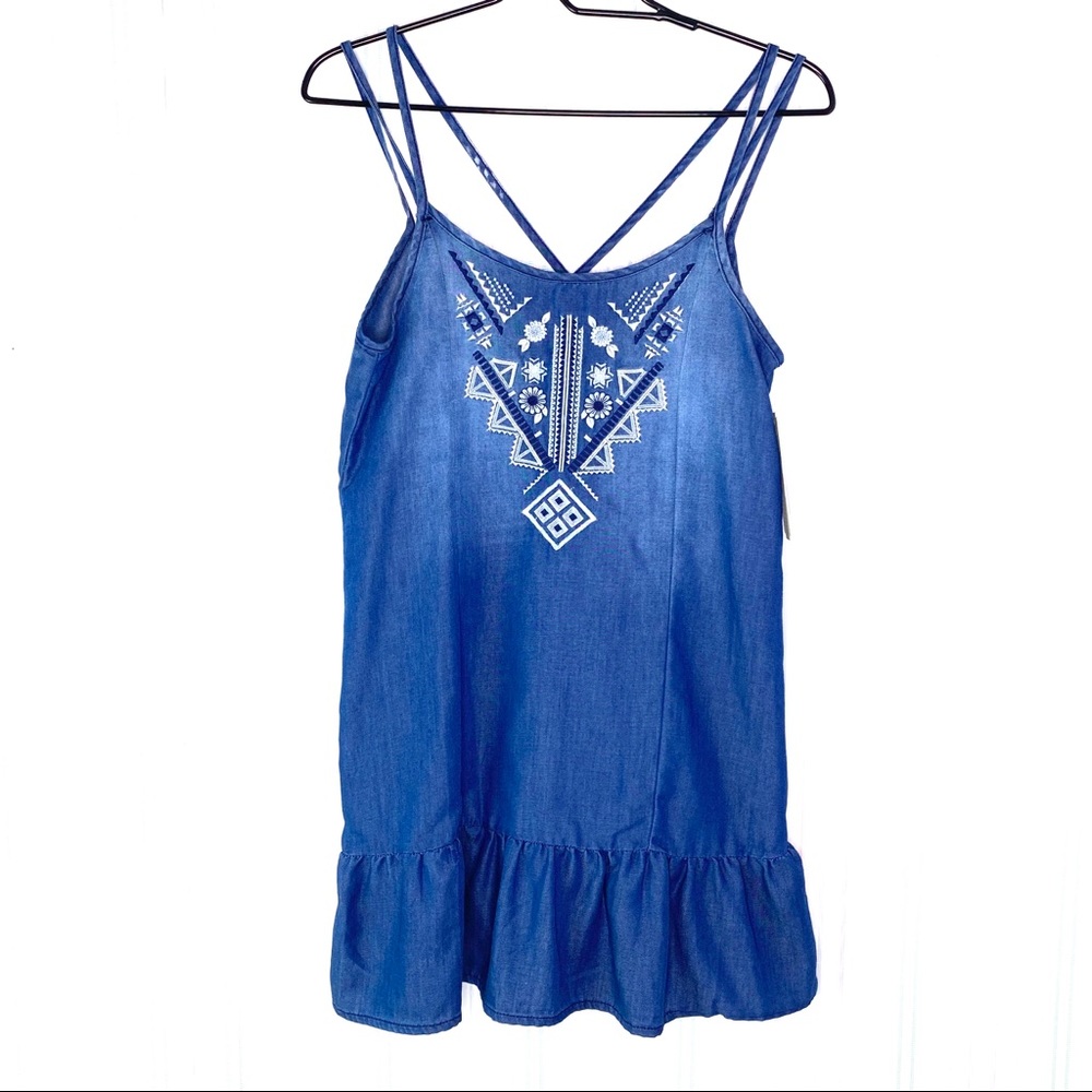 NWT Gianni Bini Embroidered Blue Chambray Dress Extra Small XS